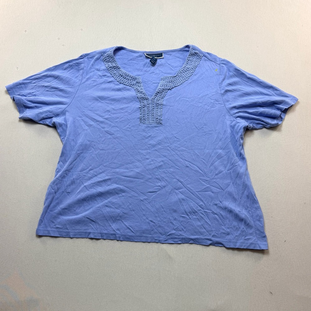 Karen Scott Top Women 2X Blue Good Crochet Trim Short Sleeve 100% Cotton